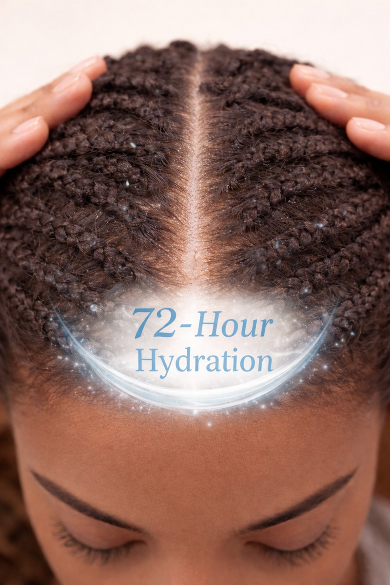 Woman with braided hair parting her braids to reveal a hydrated scalp, illustrating 72-hour hydration from Hydraepair Scalp Cream