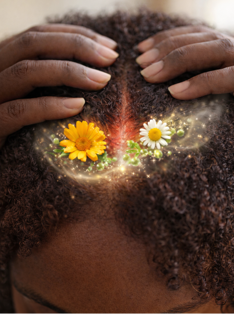 Close-up of textured hair being gently parted to reveal the scalp, with calendula and chamomile flowers illustrated to represent botanical soothing and calming scalp care