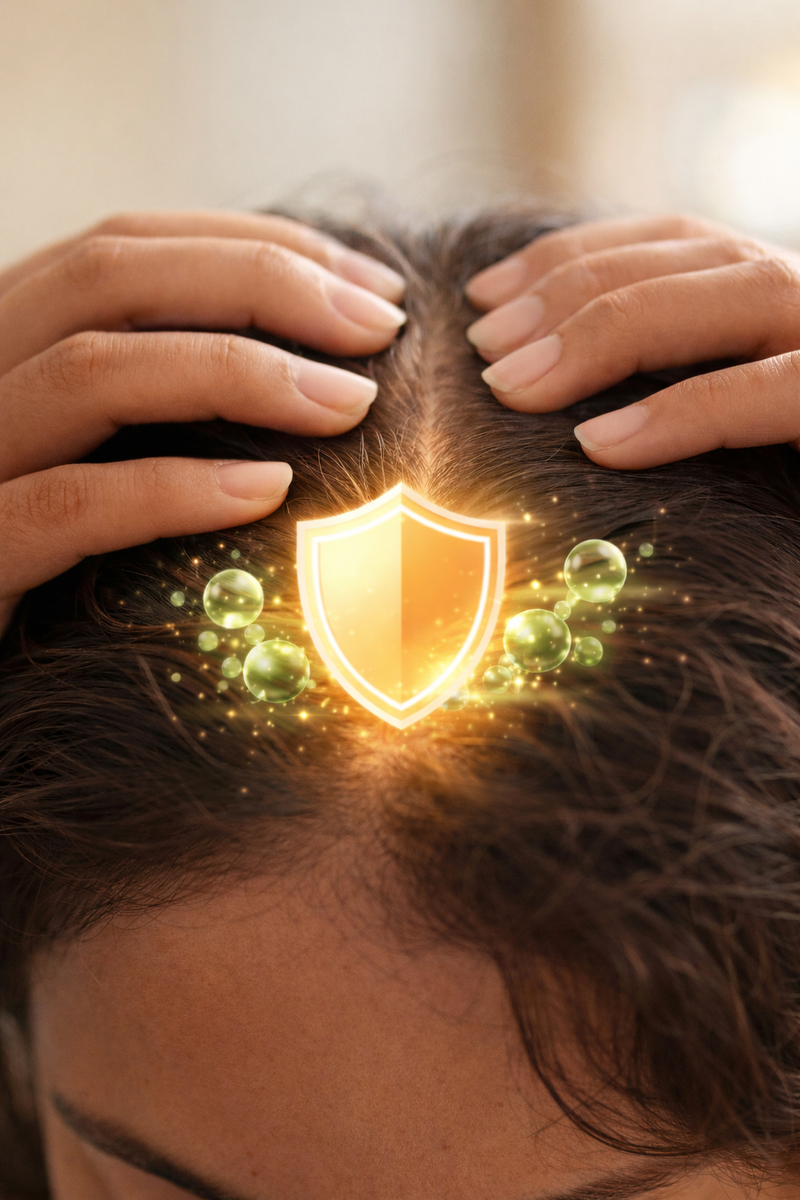 Close-up of a person parting their hair to reveal the scalp, with a protective shield graphic illustrating scalp barrier support and moisture retention