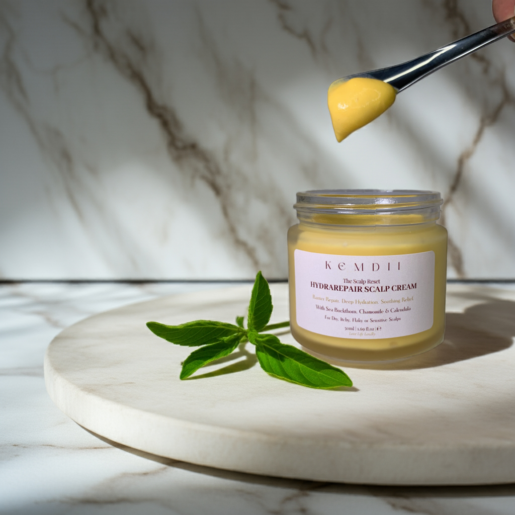 KEMDII HydraRepair Scalp Cream shown in jar with a spoon lifting the rich cream texture, illustrating how to apply the scalp treatment to dry or sensitive scalps